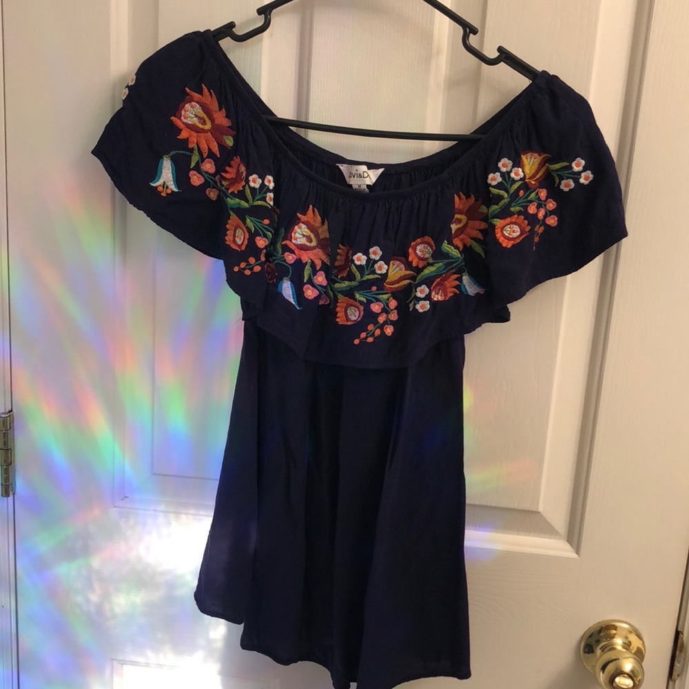 embroidered top off the shoulder in blue